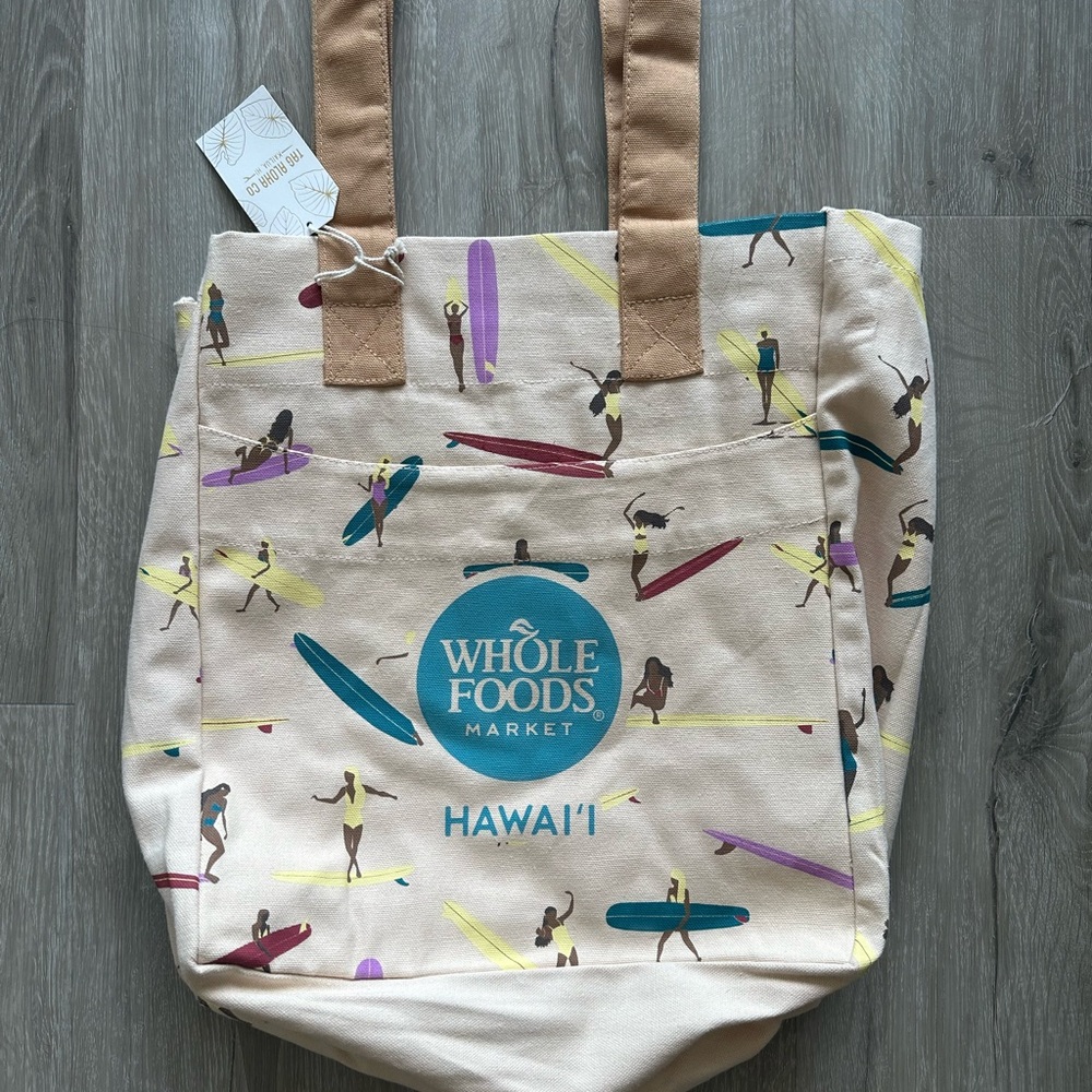 Whole Foods x Tag Aloha medium size surfer girl print tote bag with pockets
